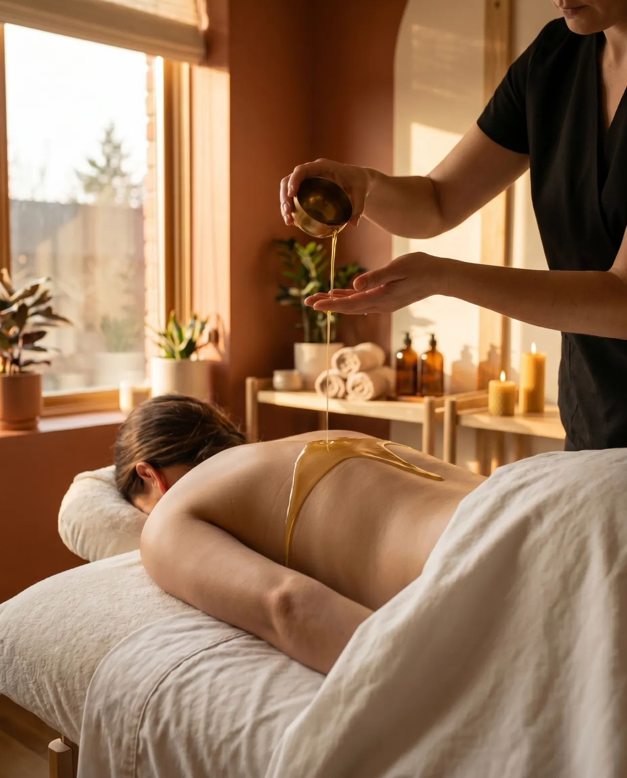 Brasilianische ayurvedische Ölmassage mit Pflanzenöl bei L'Esthétique Massage in Mönchengladbach